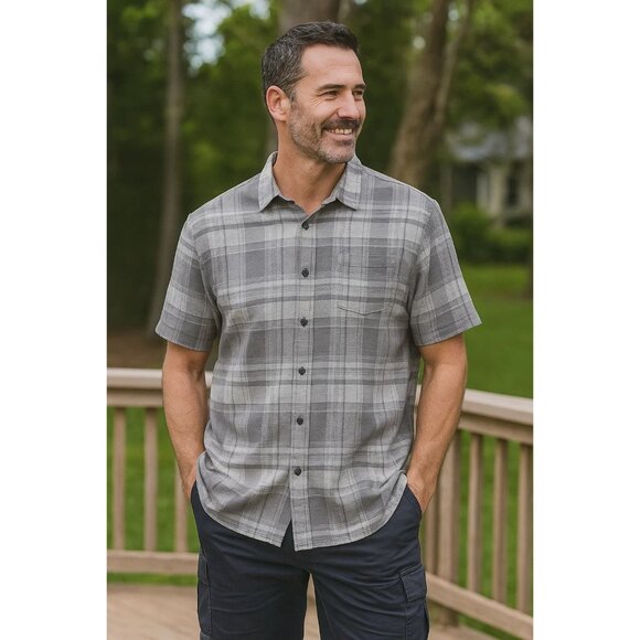 Jack O'Neill XL Collection Plaid Button-Up Grey & White Shirt Men's Linen - Picture 1 of 6